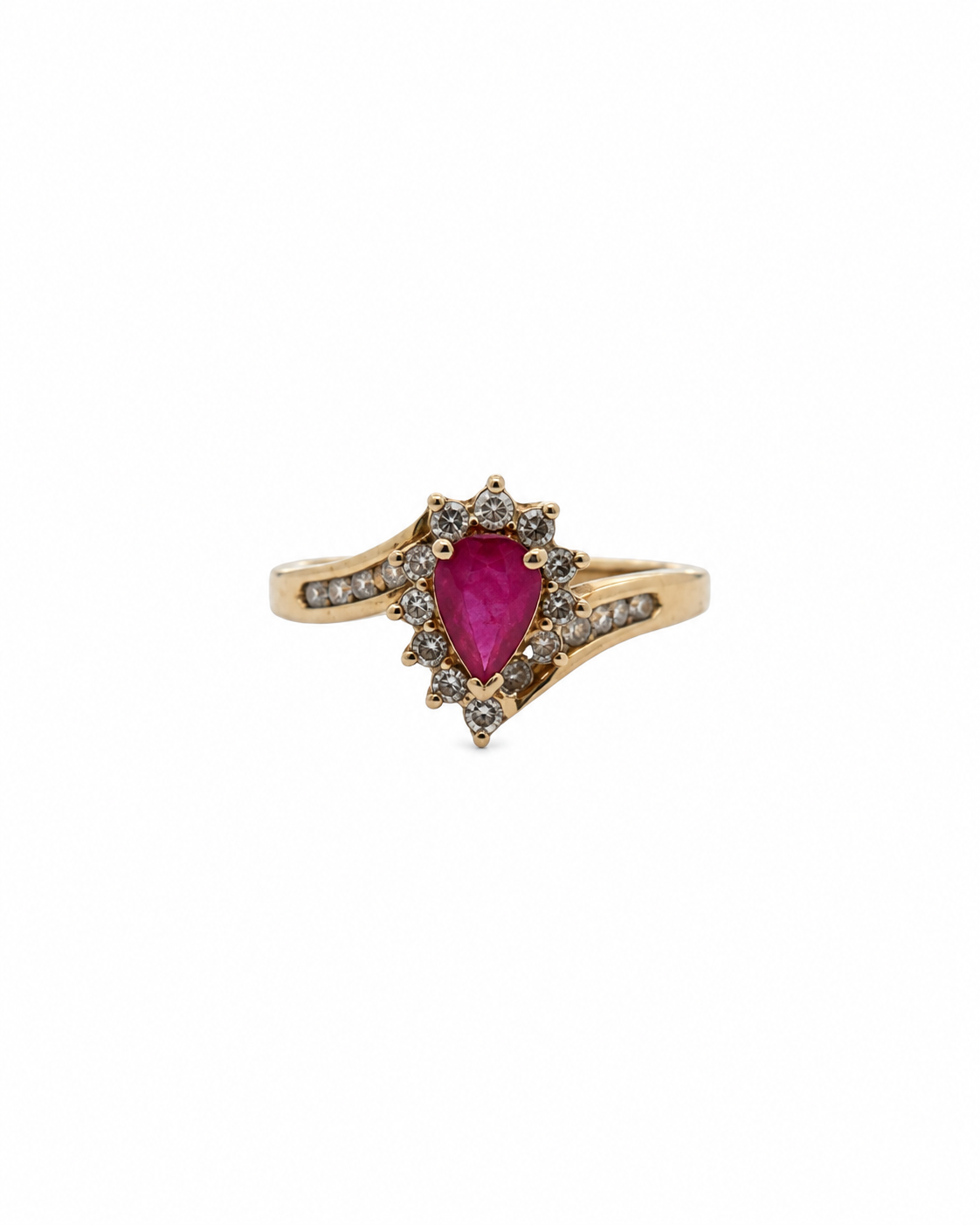 Vintage pear ruby and diamond halo ring in 14K yellow gold by Alexandra Mann Jewelry