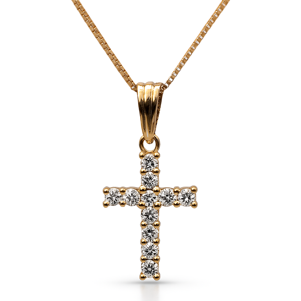 Gold cross pendant necklace with diamonds on a white background