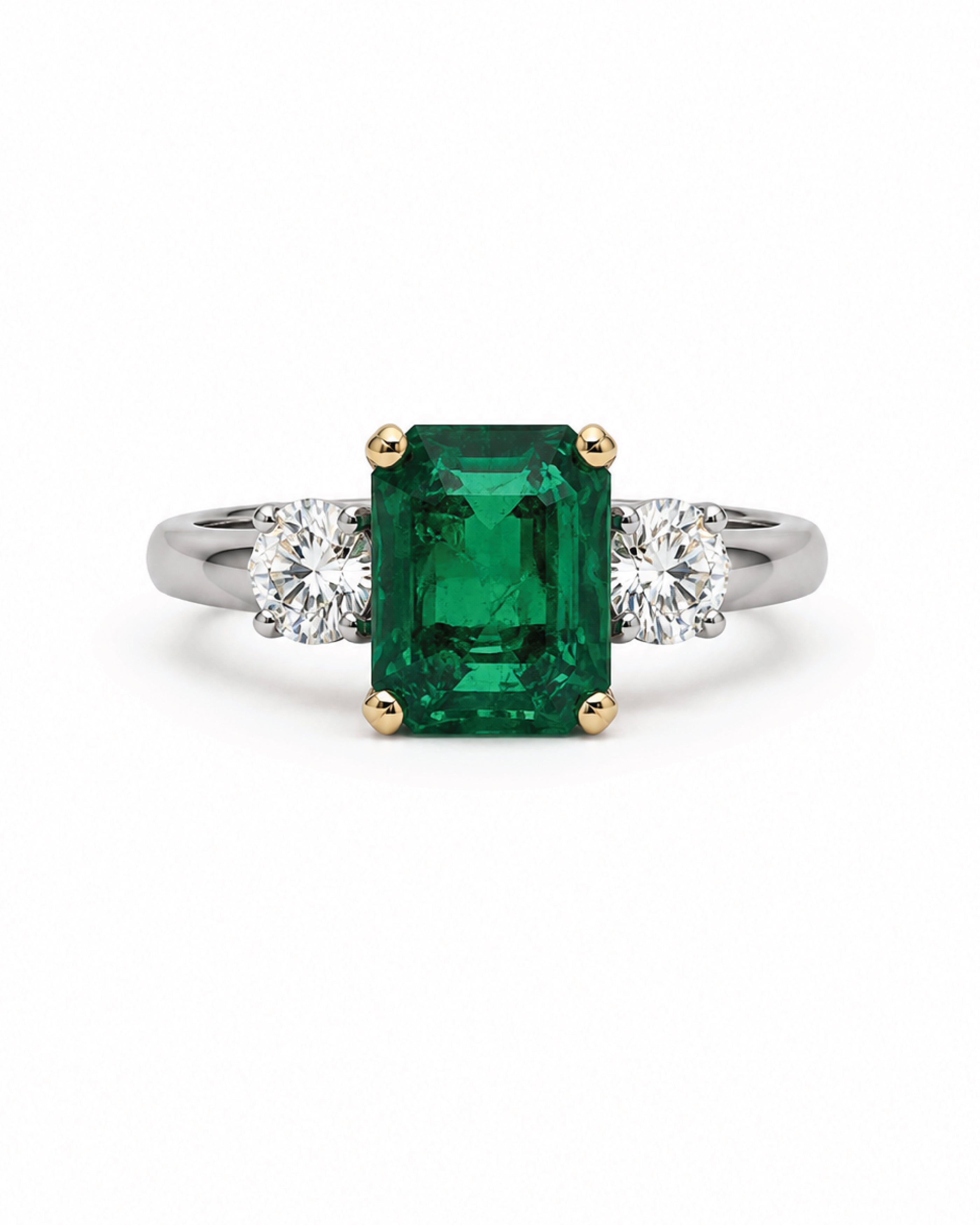 An emerald-cut green emerald ring with a white gold band and two round-cut diamonds on either side, set in gold-colored prongs, shown against a plain white background.