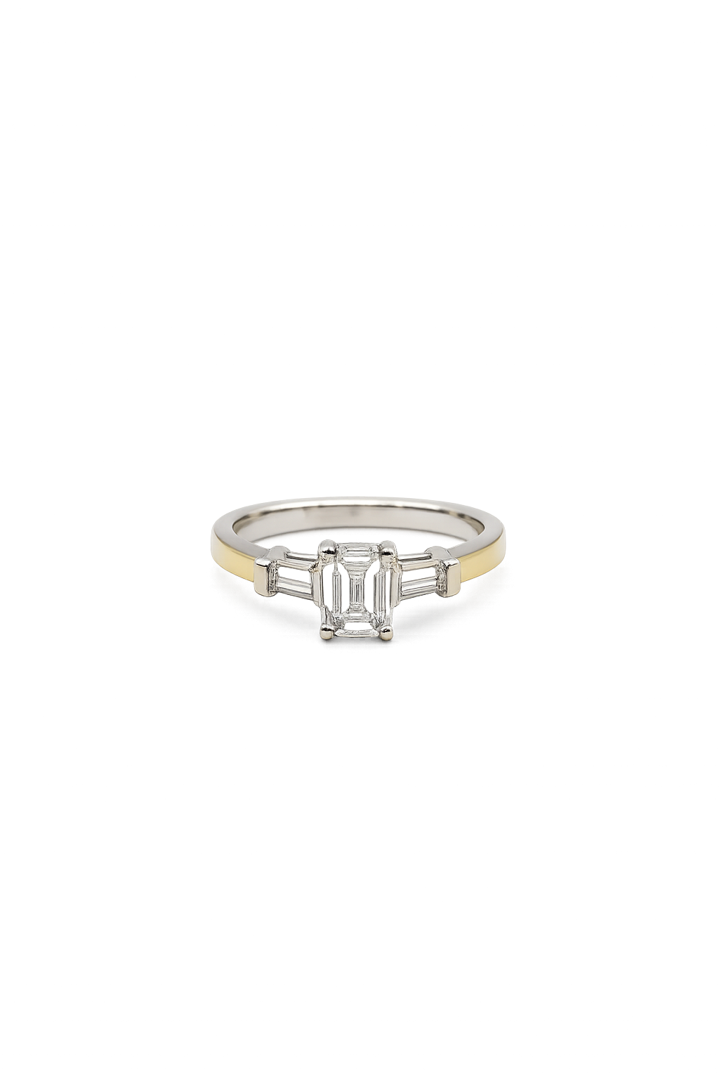 Vintage 18k white gold emerald-cut diamond engagement ring, three stone