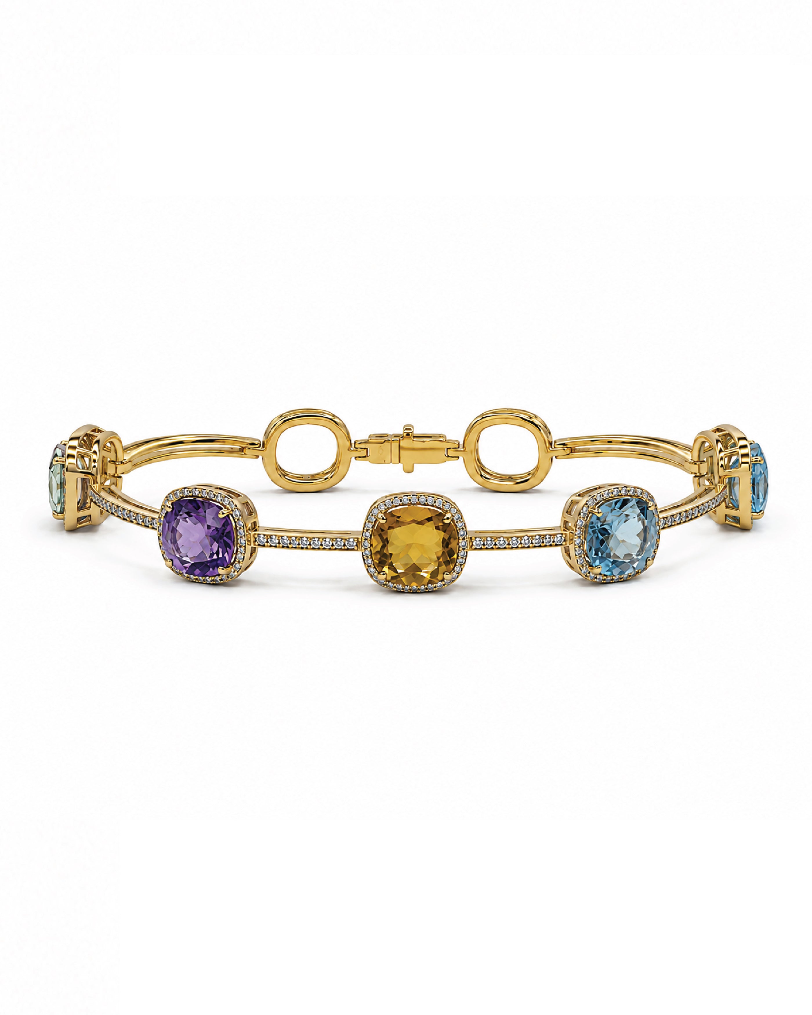 A gold link bracelet featuring four cushion-cut gemstones in bezel settings: purple amethyst, yellow citrine, light blue topaz, and a green-blue stone, accented with small pavé diamonds on a white background.