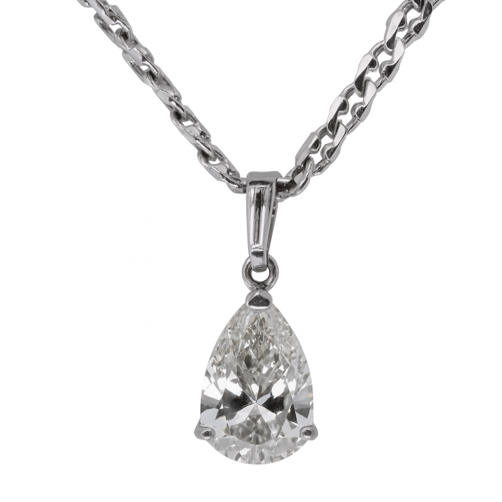 Pear-shaped diamond pendant on a chain against a white background