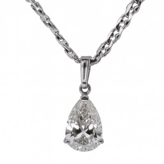 Pear-shaped diamond pendant on a chain against a white background