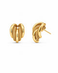 A pair of gold huggie hoop earrings with a textured center and polished outer bands, shown from front and side angles on a white background.