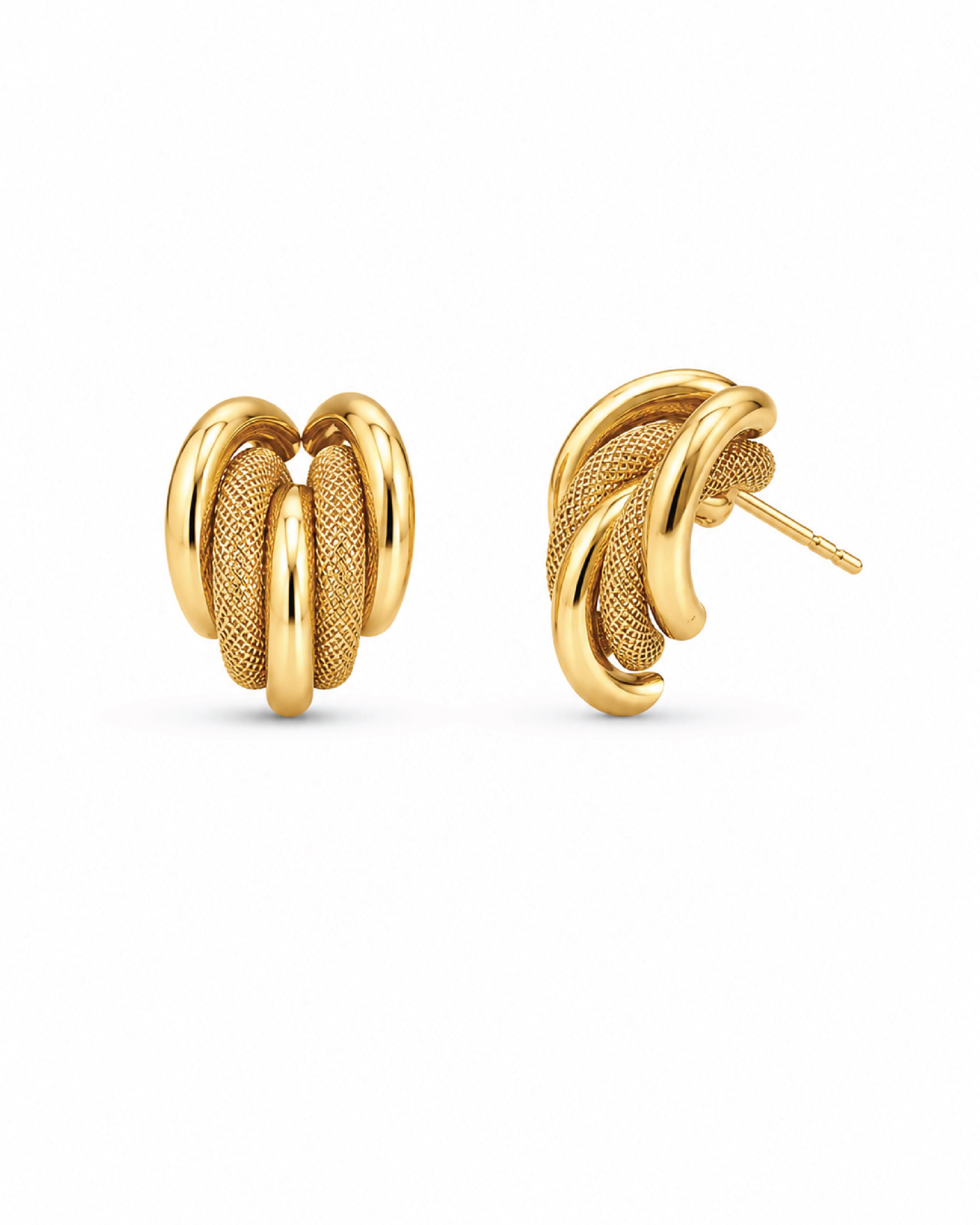 A pair of gold huggie hoop earrings with a textured center and polished outer bands, shown from front and side angles on a white background.
