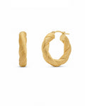 A pair of textured gold hoop earrings, one shown from a side profile and the other from a front-three-quarter angle, on a plain white background.