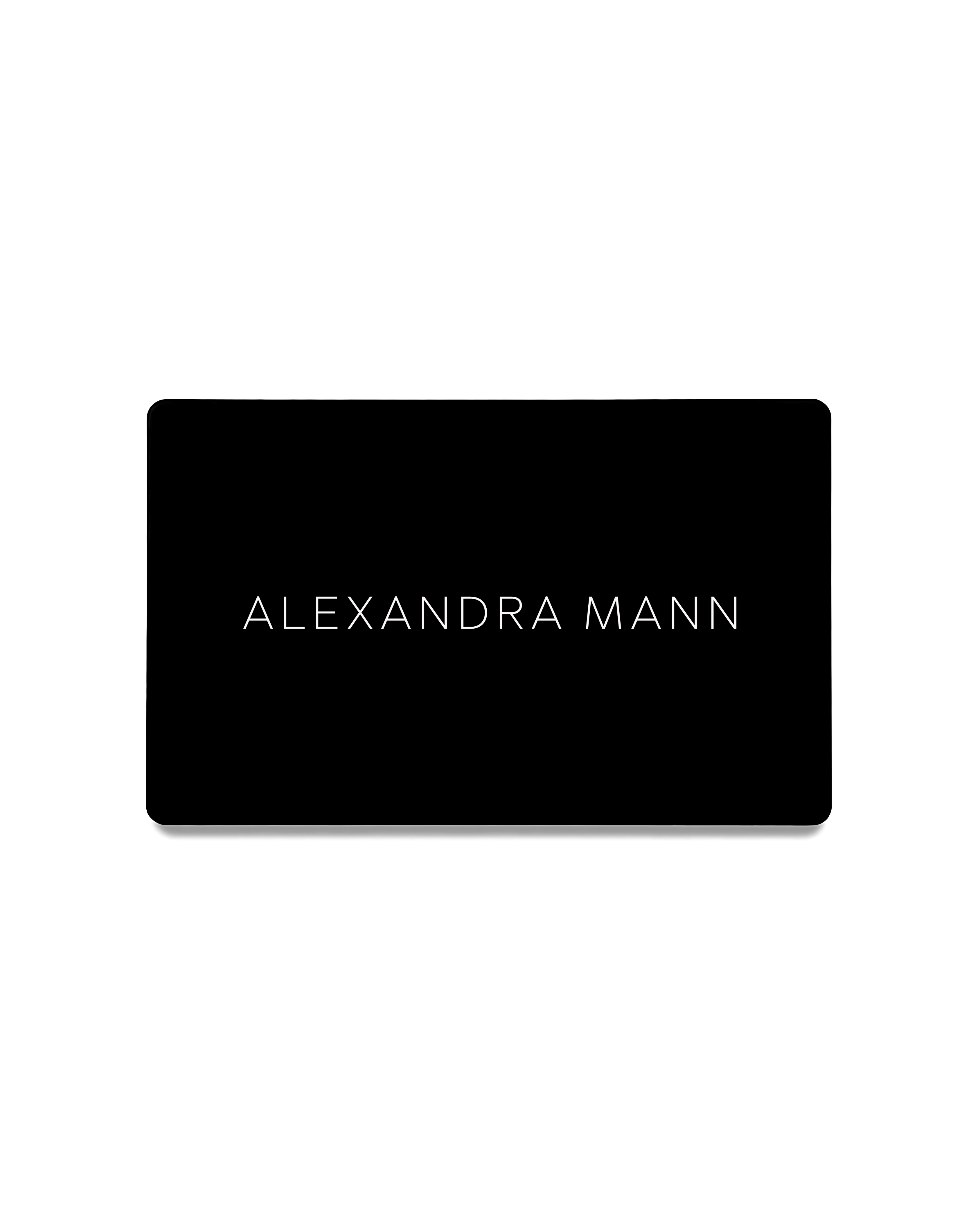 Black card with 'ALEXANDRA MANN' text on a white background