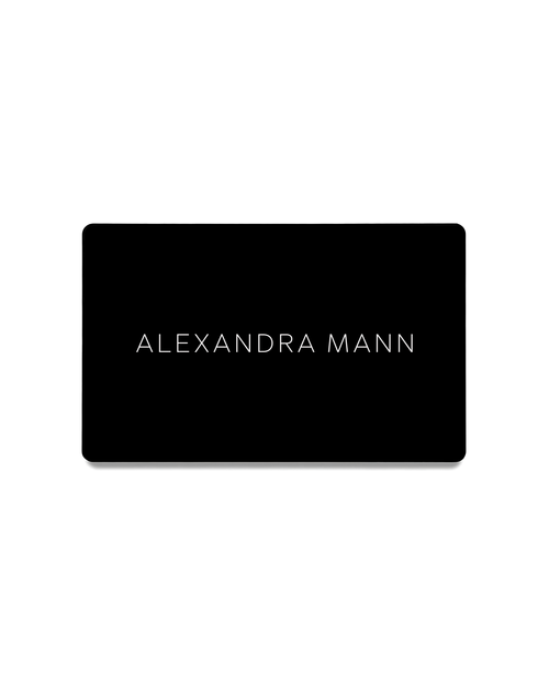 Black card with 'ALEXANDRA MANN' text on a white background