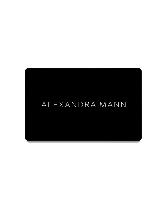 Black card with 'ALEXANDRA MANN' text on a white background