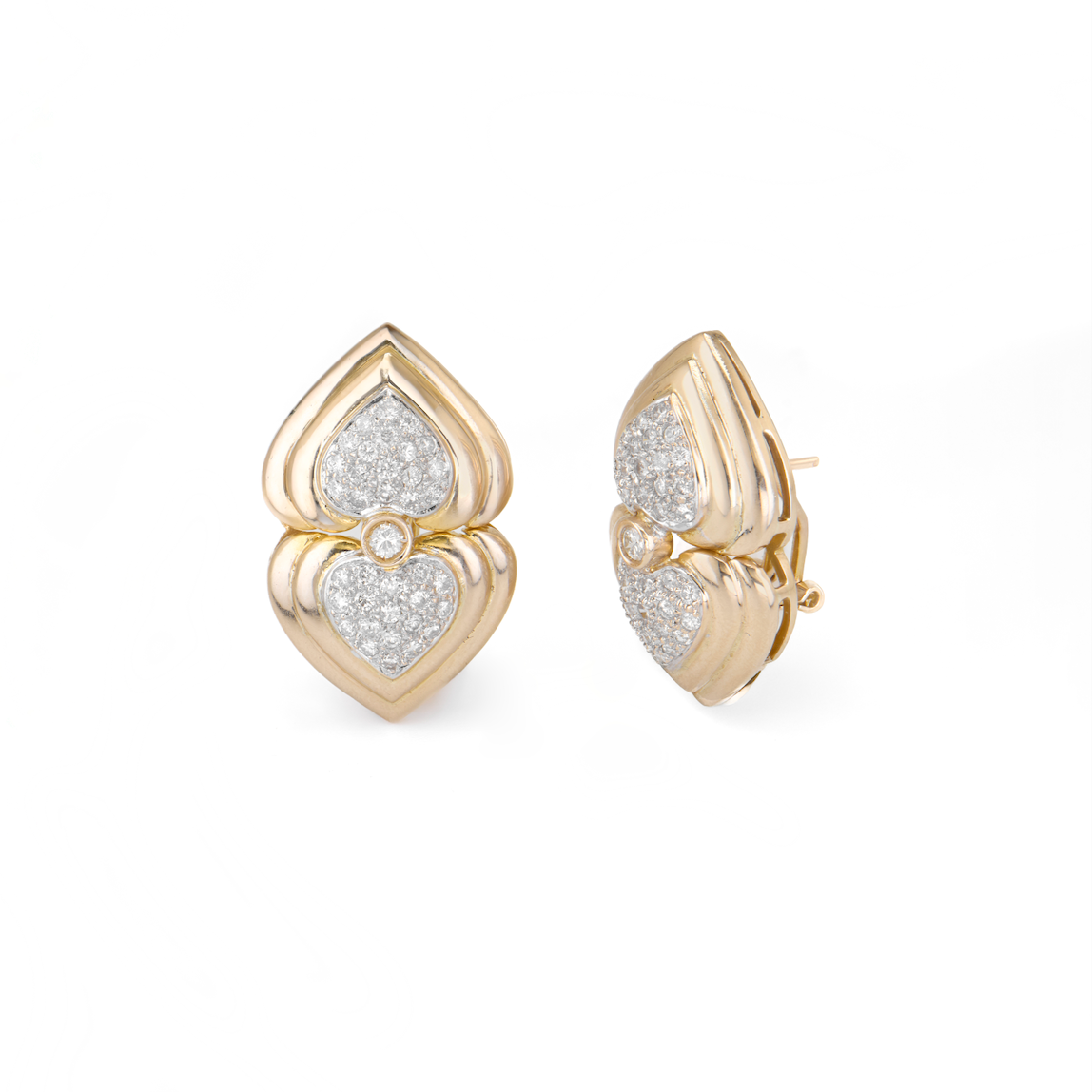 Gold earrings with heart design on a white background